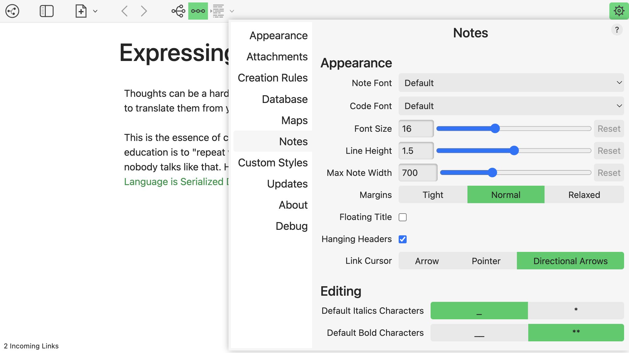 An example of Tangent's Settings.